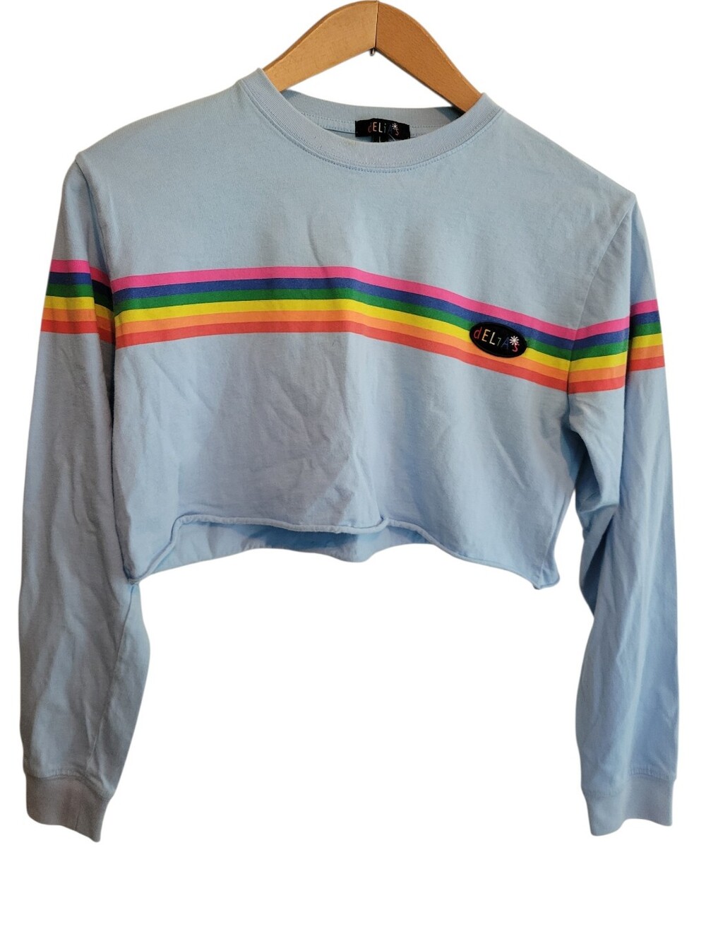 dELiA*s x Dolls Kill Rainbow Stripe Cropped Graphic Top Pastel Blue Medium Y2K